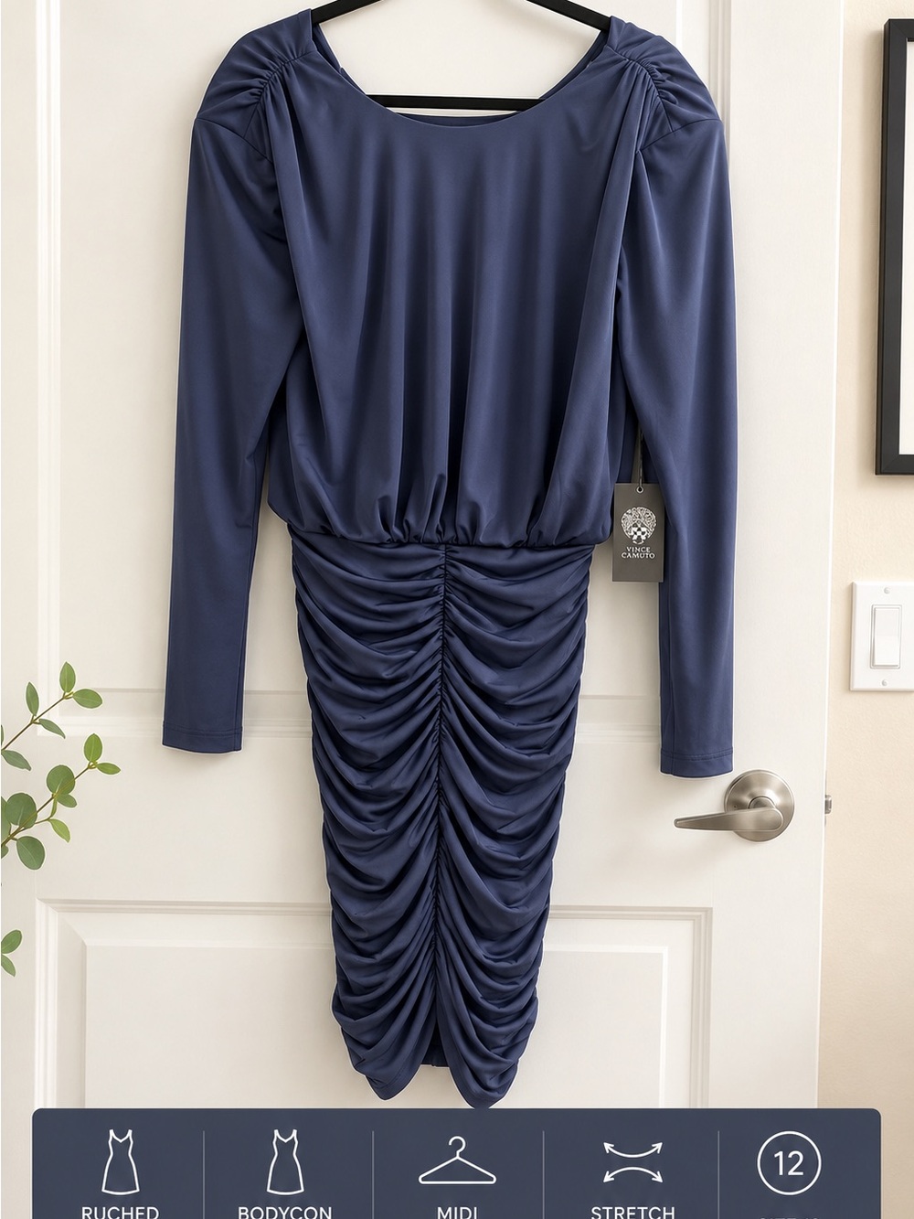 Vince Camuto Slate Blue Ruched Bodycon Midi Dress NWT Size 12